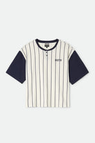 Men's Boxy Baseball T-Shirt in the color Off White Stripe/Washed Navy - Front Product Laydown Image
