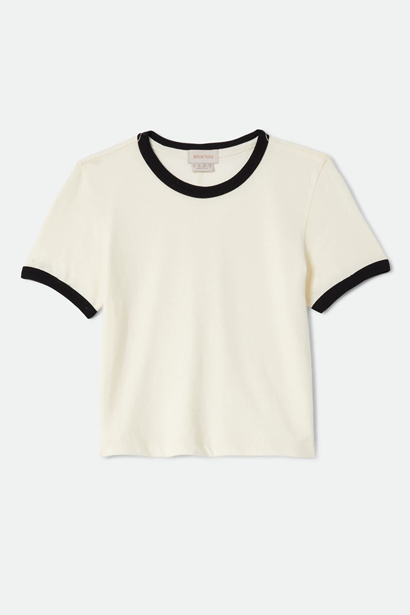 Women's Carefree Organic Garment Dye Ringer T-Shirt in the color Off White/Black - Front Product Laydown Image