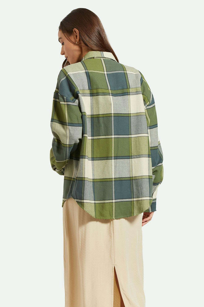 Back Fit Image | Bowery Women's Classic L/S Flannel - Blue Mirage/Dill Plaid