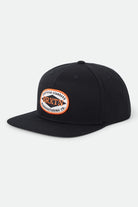 Unisex Meyers Snapback in the color Black - Front Product Laydown Image