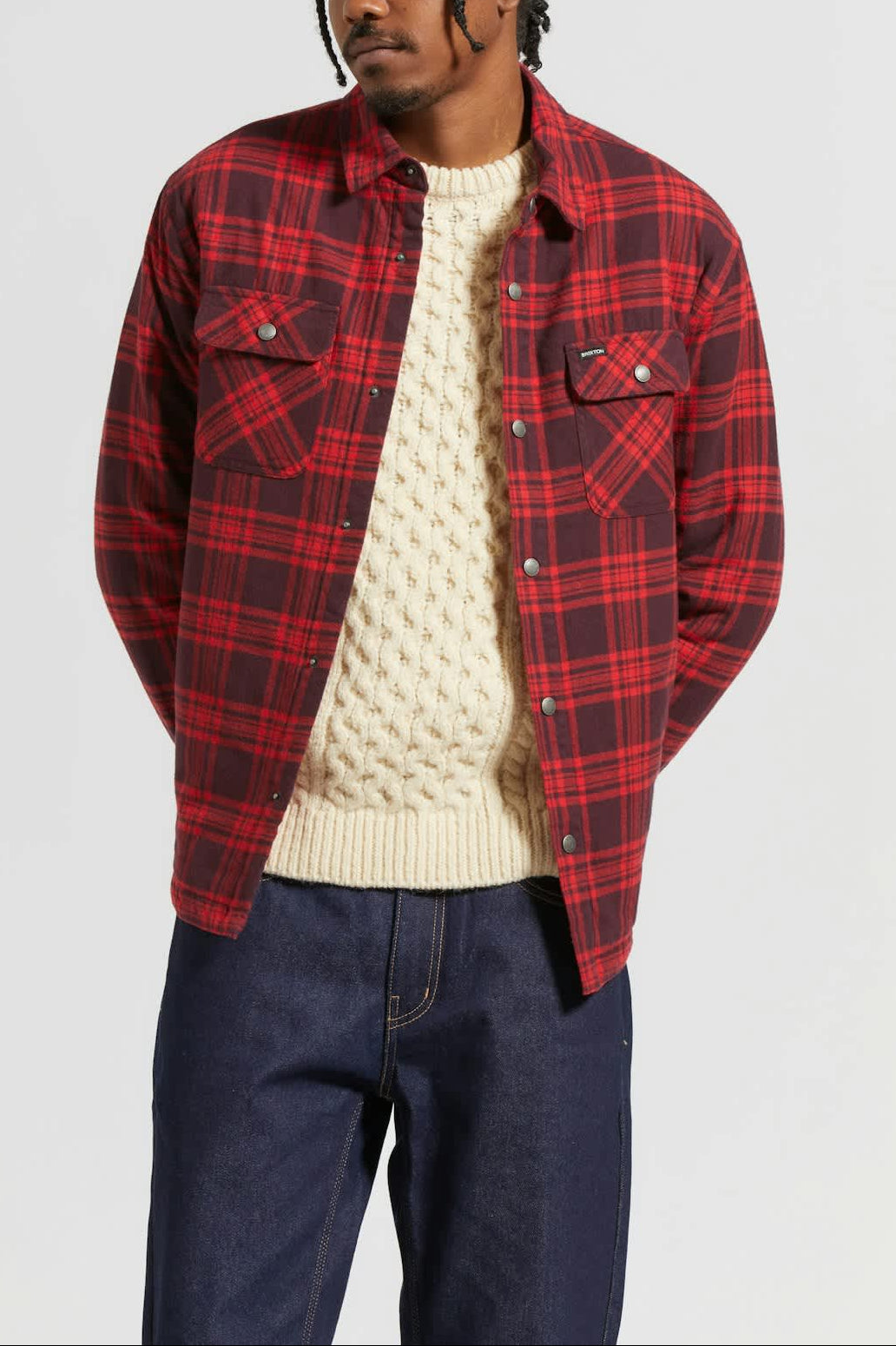 Men's Bowery Quilted L/S Flannel in the color Bright Red/Mahogany - Men's Front View