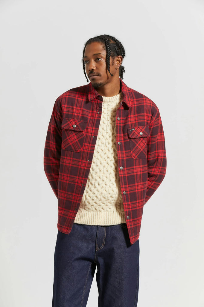 Men's Bowery Quilted L/S Flannel in the color Bright Red/Mahogany - Men's Front View