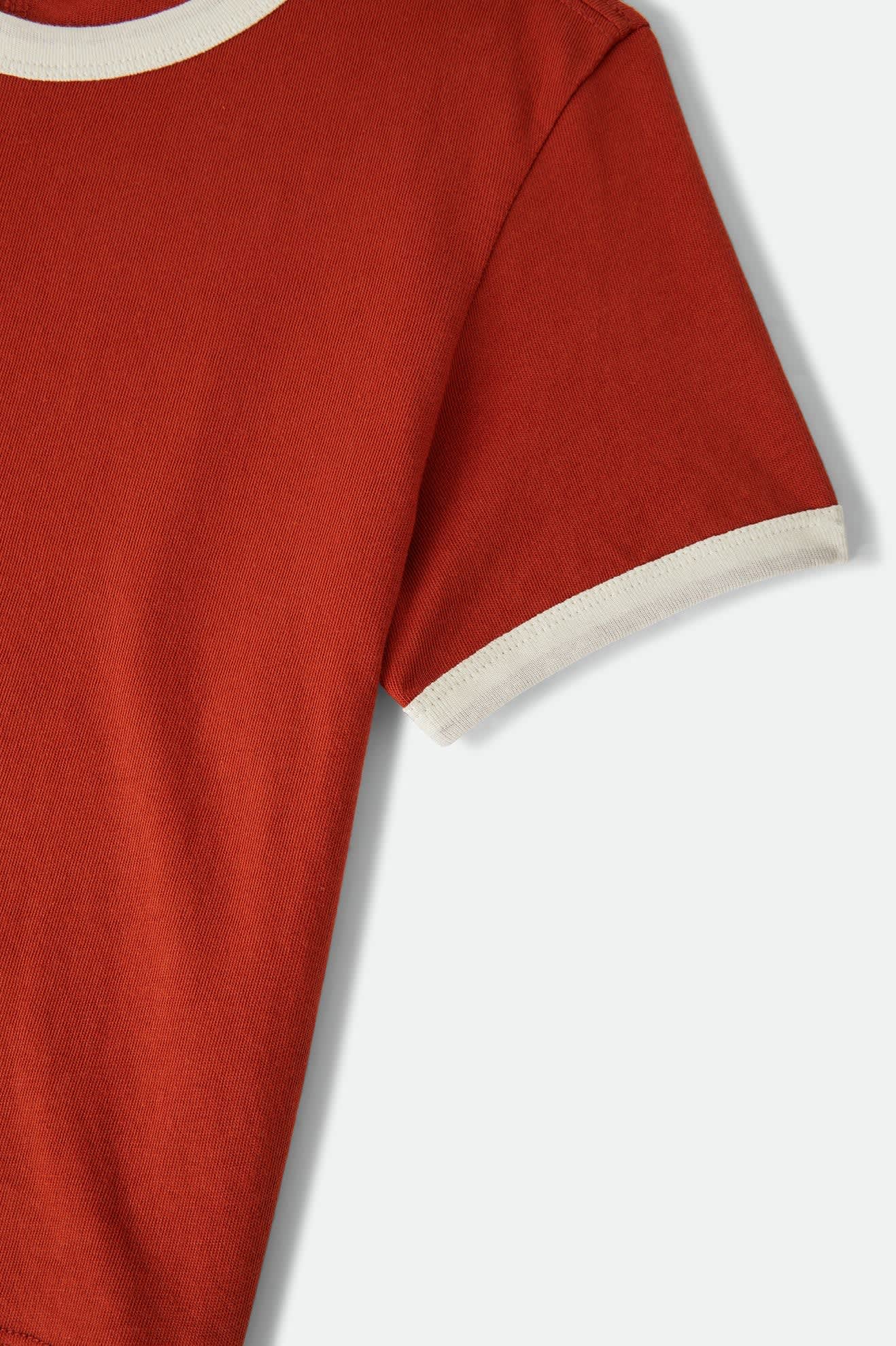 Women's Carefree Organic Garment Dye Ringer T-Shirt in the color Rust/Off White - Additional Laydown image