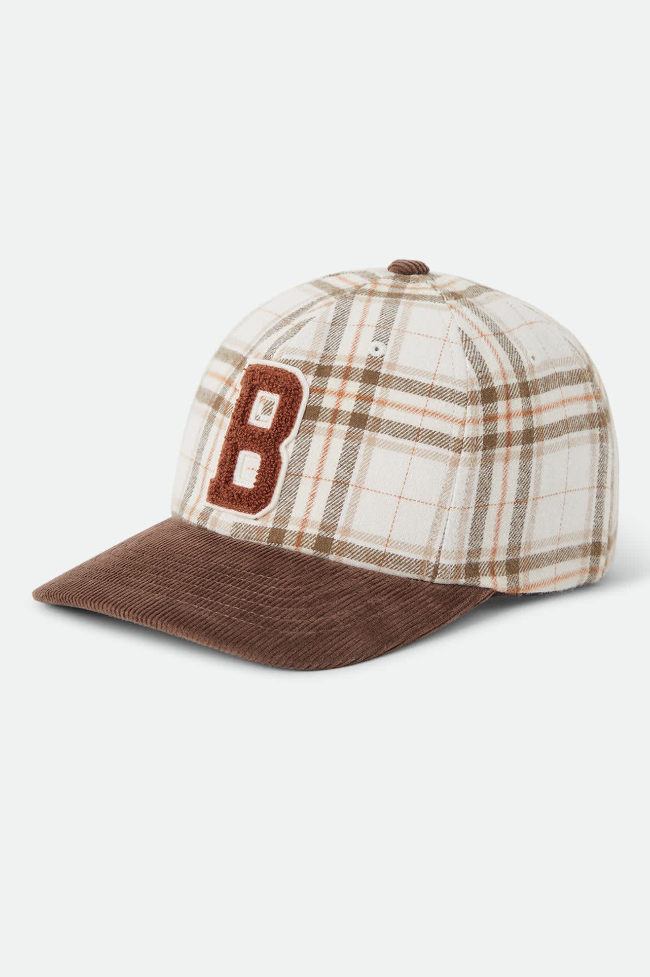 Unisex Big B Adjustable Hat in the color Whitecap Plaid/Brown Corduroy - Front Product Laydown Image
