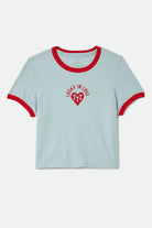 Women's Lucky In Love Baby T-Shirt in the color Sea Grass/Adrenaline Red - Front Product Laydown Image