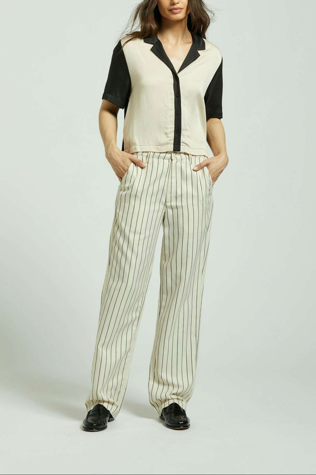 Brixton Women's Bedford Pant - Whitecap/Washed Black Pinstripe | Front fit