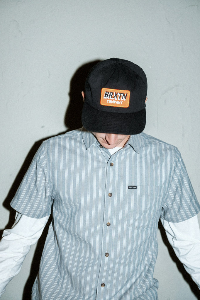 Brixton CRU Oxford Stripe S/S Shirt - Basalt Blue/Whitcap Stripe