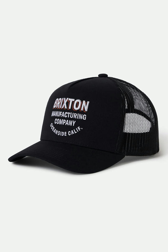 Unisex Crest Netplus Trucker Hat in the color Black/Black - Front Product View