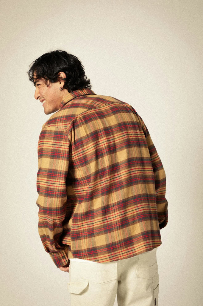 Men's Bowery L/S Flannel in the color Curry/Washed Black/Crimson - Men's Back View