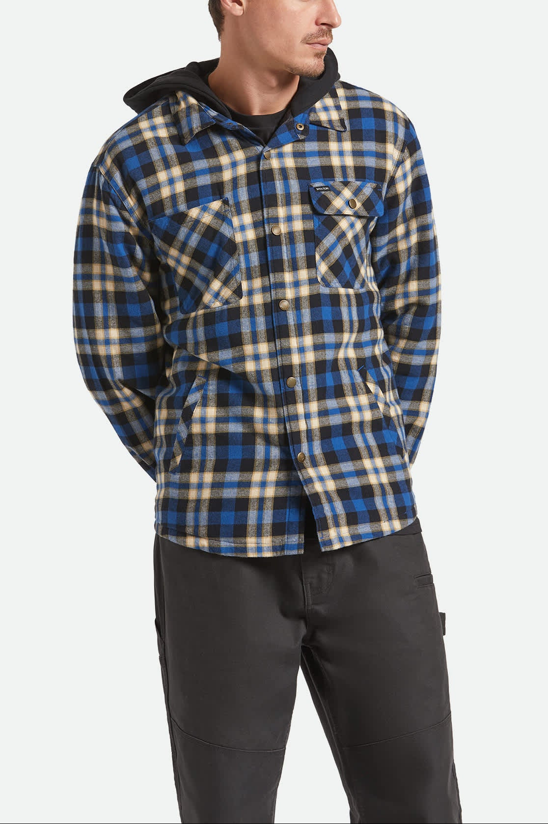 Men's Bowery Quilited Hooded Flannel in the color Navy/Cream - Men's Front View