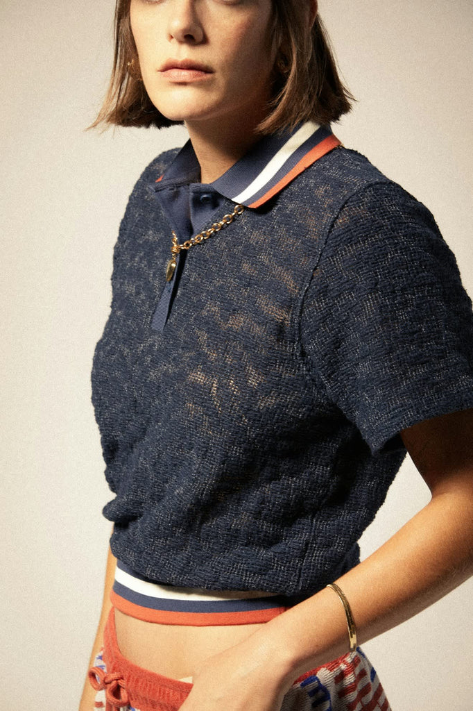 Women's Retro Mesh S/S Polo in the color Washed Navy - Women's Front View