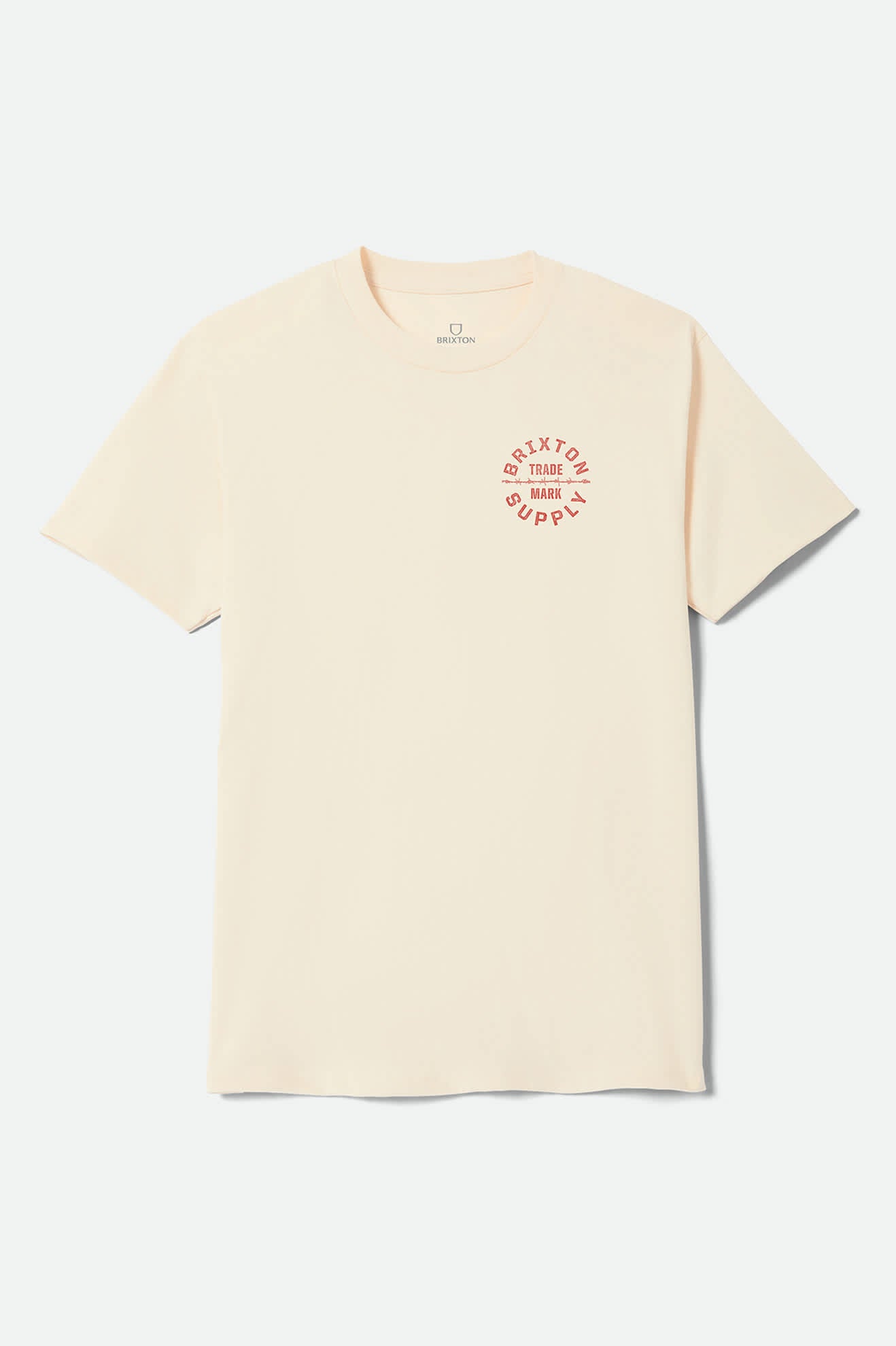 Men's Oath V Standard T-Shirt in the color Cream/Brick Red - Front Product Laydown Image