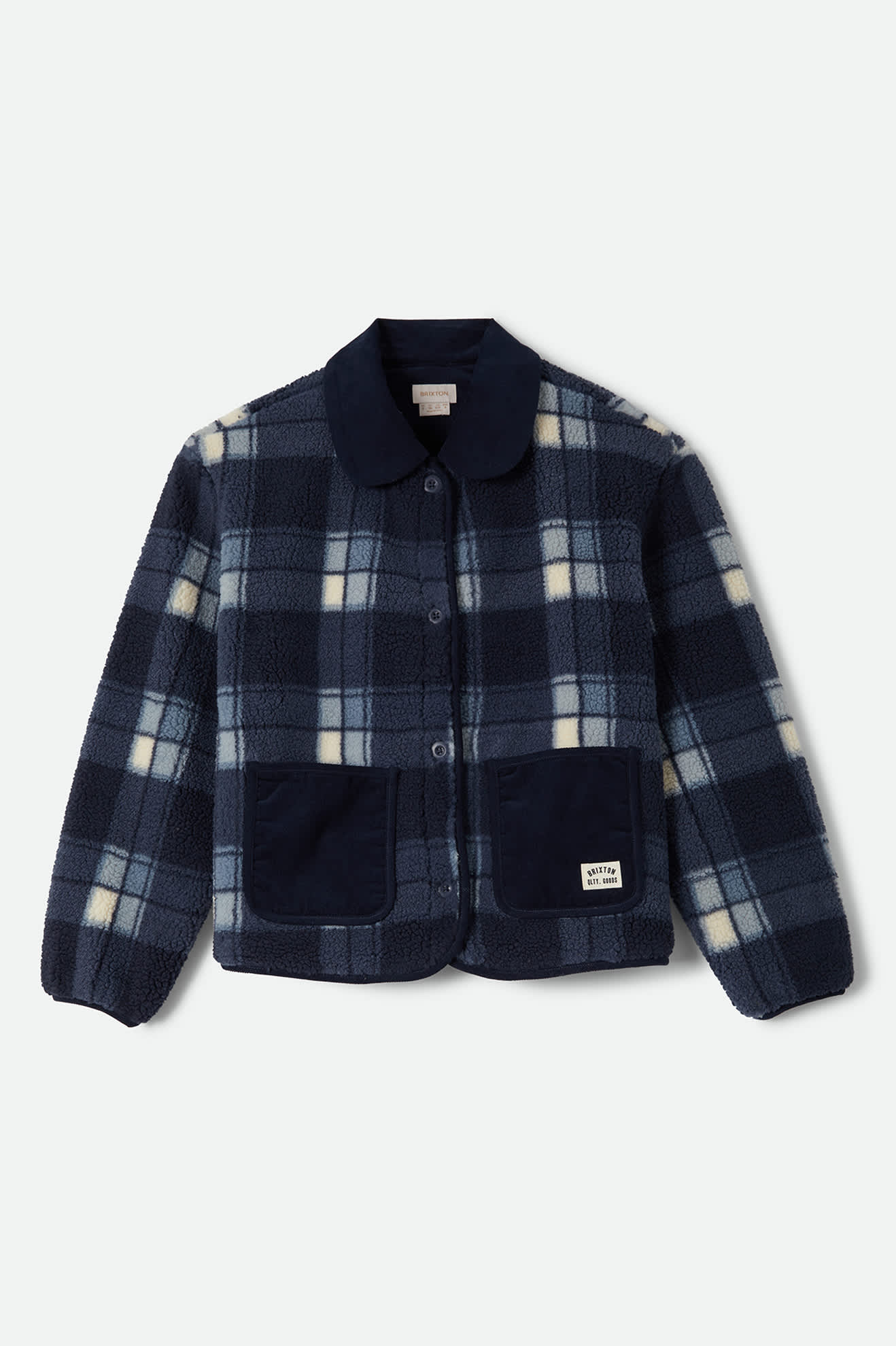 Women's Delilah Sherpa Jacket in the color Classic Navy Plaid - Front Product Laydown Image