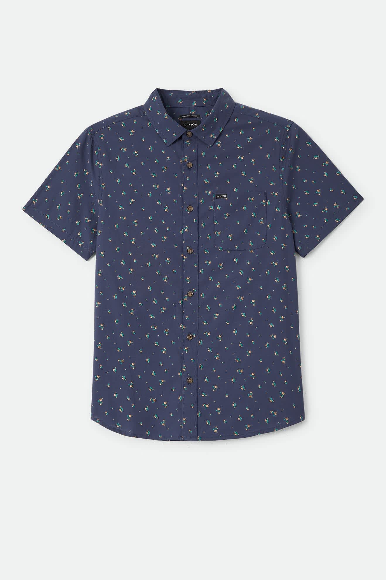 Men's Charter Print Shirt in the color Washed Navy/Micro Floral - Front Product Laydown Image