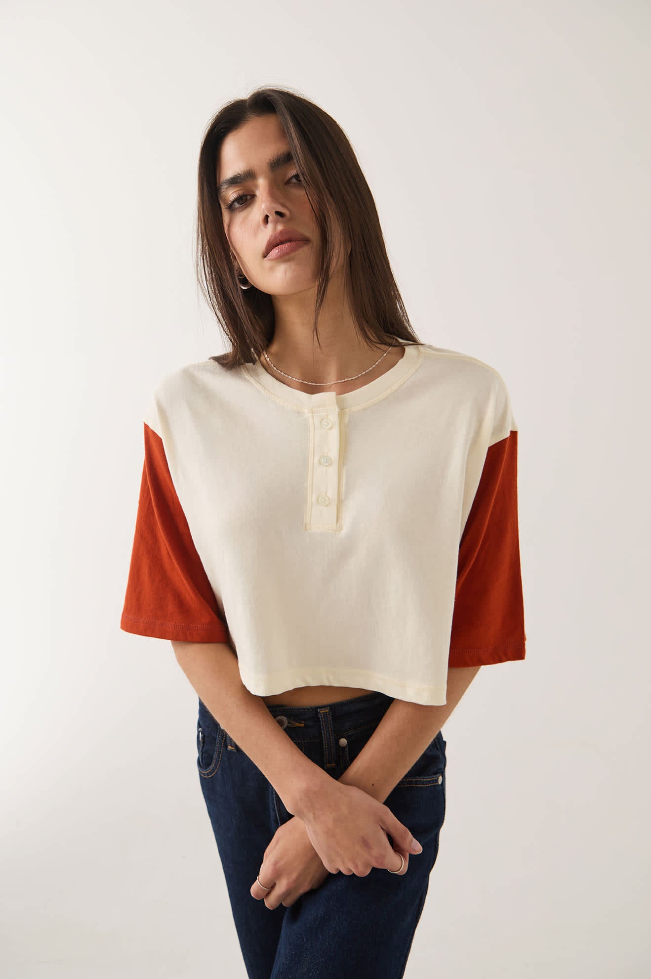 Women's Carefree Organic Garment Dye Cropped Henley in the color Off White/Rust - Additional Fit image