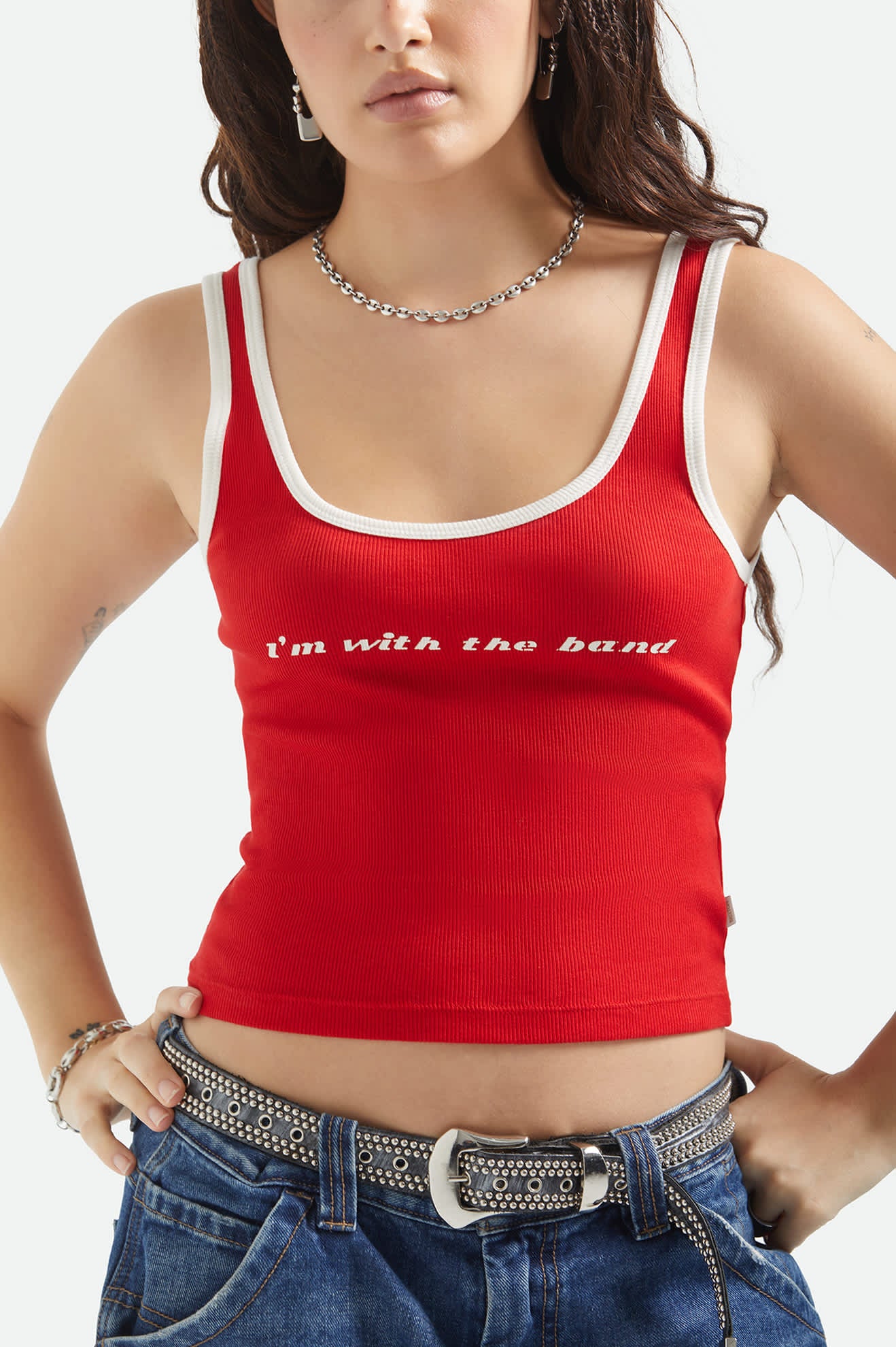 Women's I'm With The Band Ringer A-Tank in the color Adrenaline Rush - Additional Fit image
