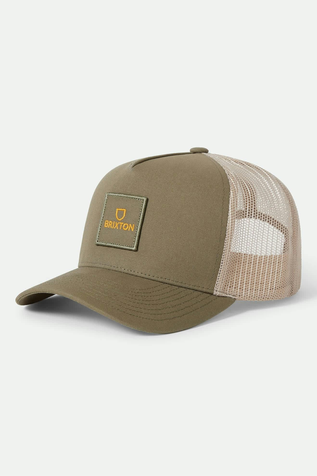 Unisex Alpha Block NetPlus Trucker Hat in the color Ivy Green/Sand - Front Product View