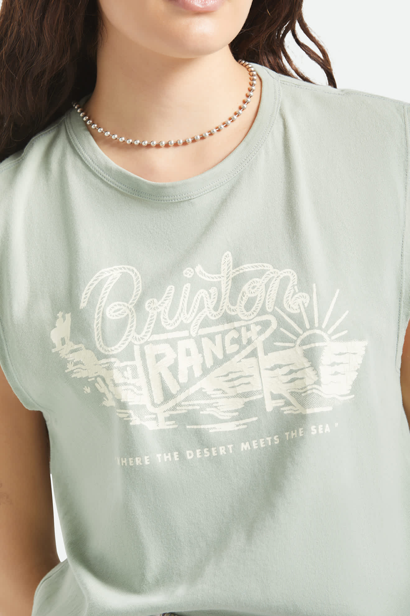 Women's Brixton Ranch Muscle Tank in the color Sage Green - Additional Fit image
