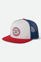 Unisex Oath Trucker Hat in the color White/Midnight Blue/Adrenaline Rush - Front Product View