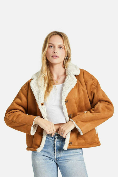 Women's Fit, Front View | Reserve Women's Vegan Shearling Jacket - Caramel