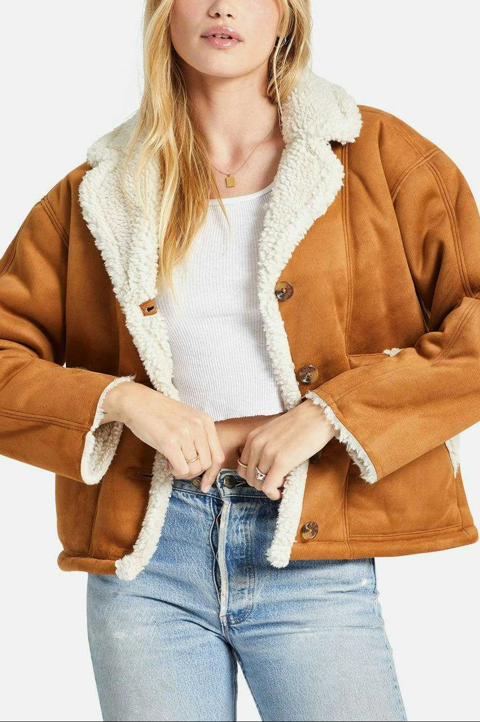 Women's Fit, Front View | Reserve Women's Vegan Shearling Jacket - Caramel