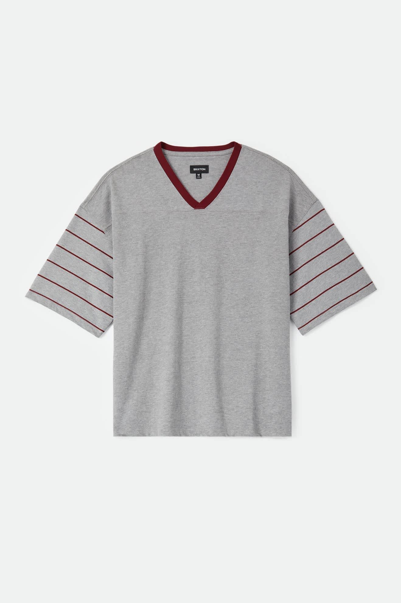 Men's Brixton Football T-Shirt in the color Heather Grey/Maroon - Front Product Laydown Image