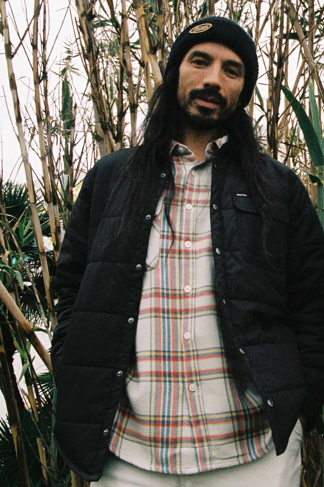 Men's Fit, Front View | Bowery Flannel - White Smoke/Yellow/Casa Red