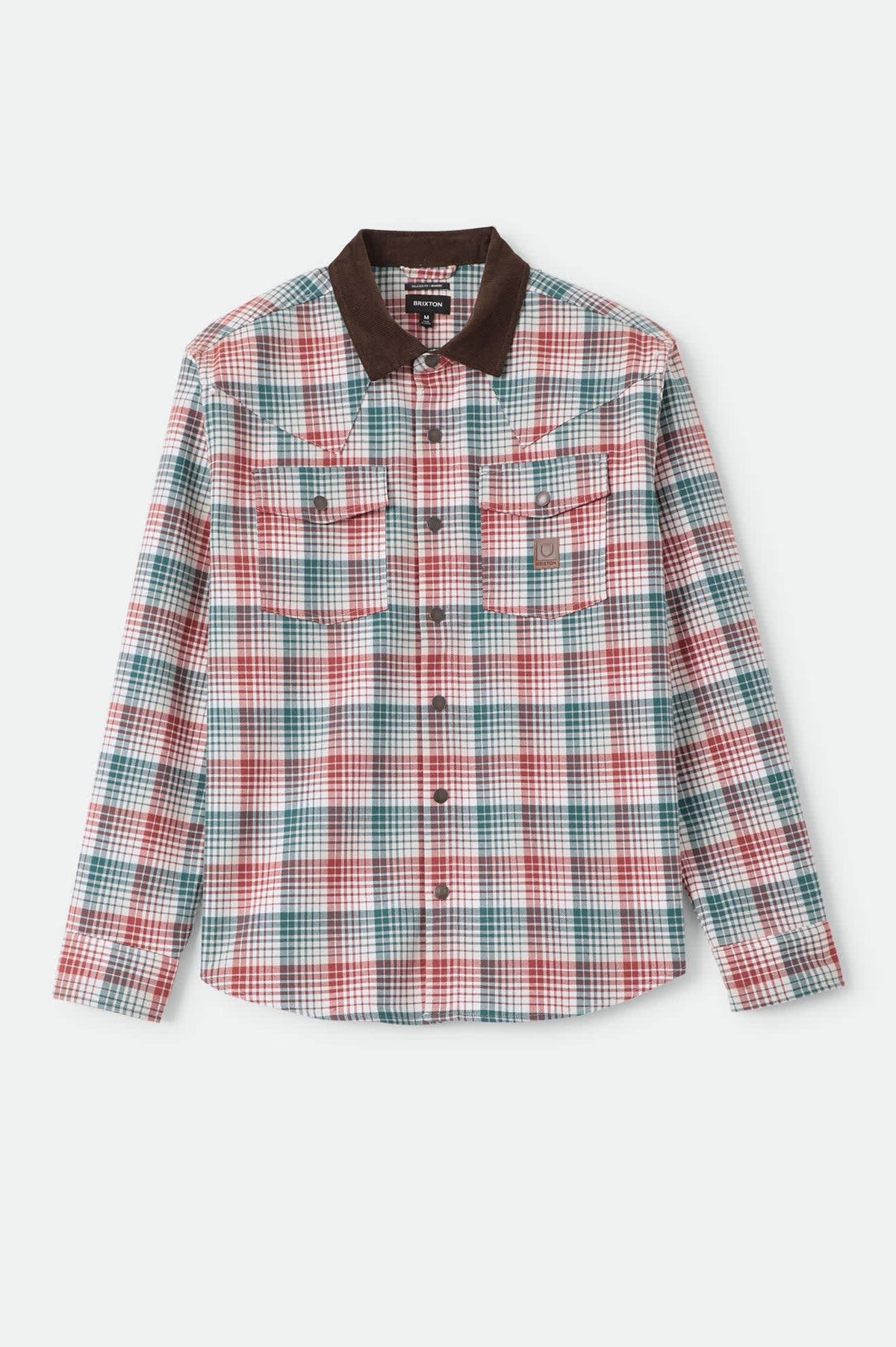 Men's Bowery Builders Ranch Performance Flannel in the color Ultra Marine/Dark Brick - Front Product Laydown Image