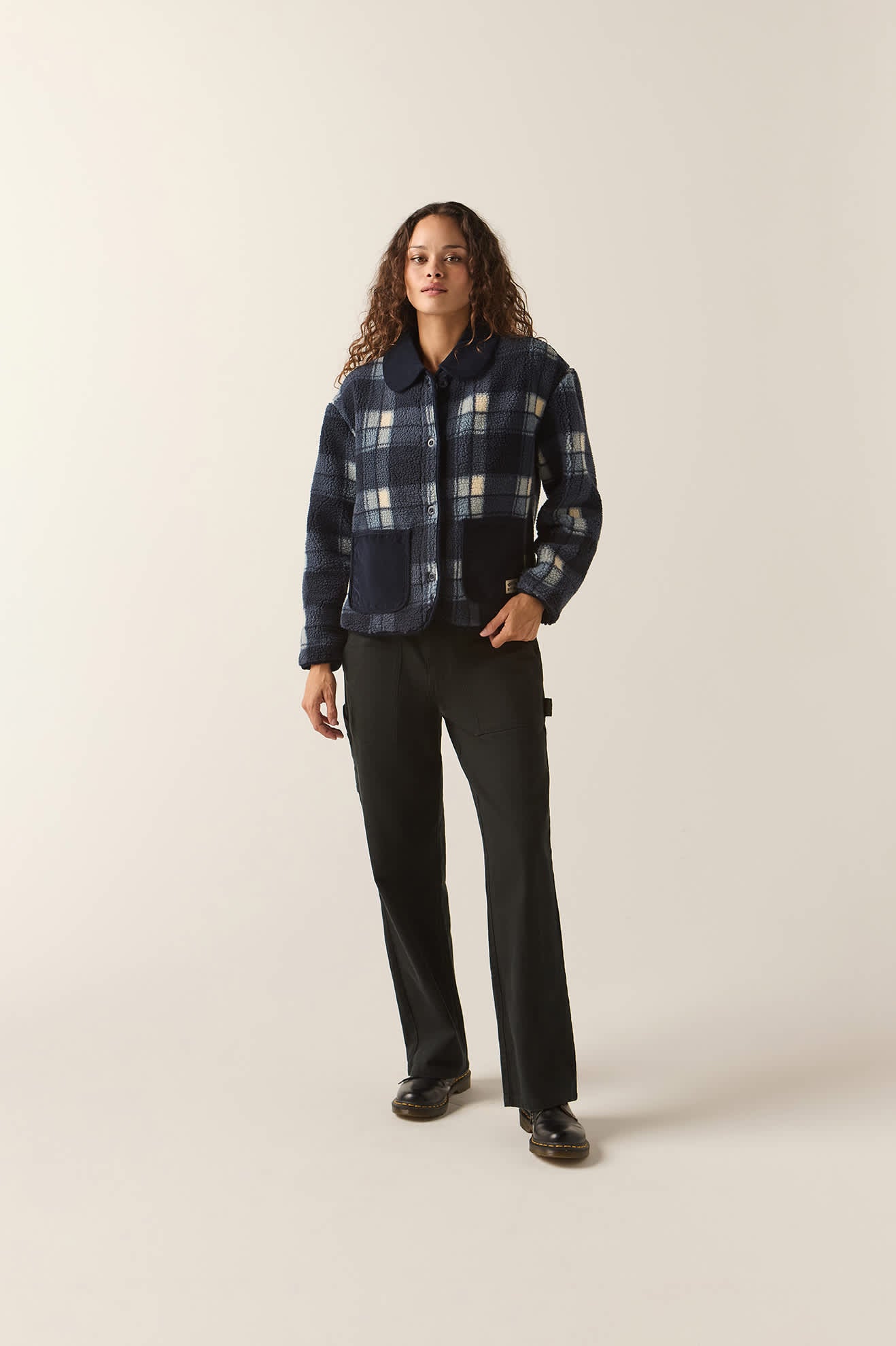 Women's Delilah Sherpa Jacket in the color Classic Navy Plaid - Additional Fit image