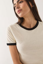Women's Carefree Organic Garment Dye Ringer T-Shirt in the color Off White/Black - Additional Fit image