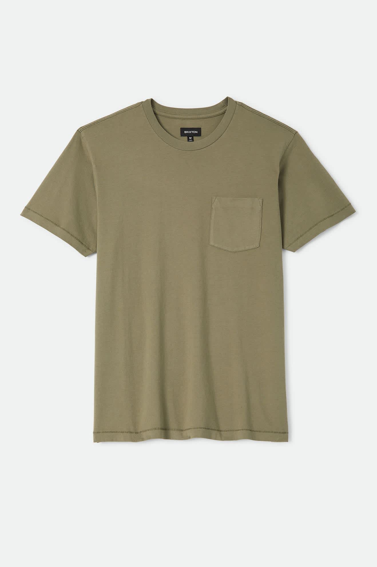 Men's Brixton Baseline Pocket T-Shirt in the color Olive Surplus Vintage Wash - Front Product Laydown Image