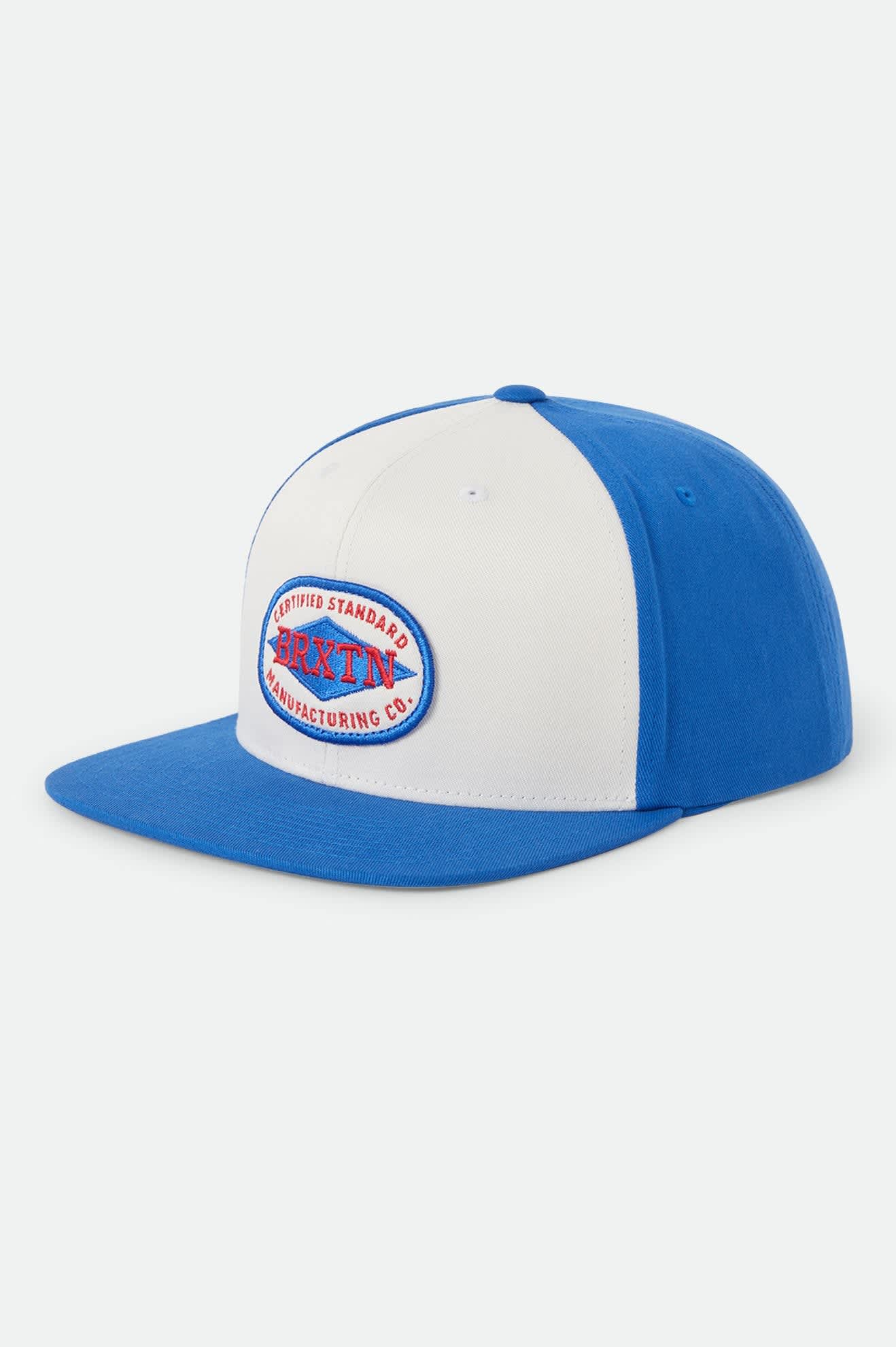 Unisex Meyers Snapback in the color Off White/Electric Indigo - Front Product Laydown Image