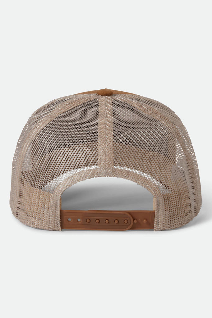 Unisex Redoubt Netplus Trucker Hat in the color Washed Copper/Sand - Back Style View