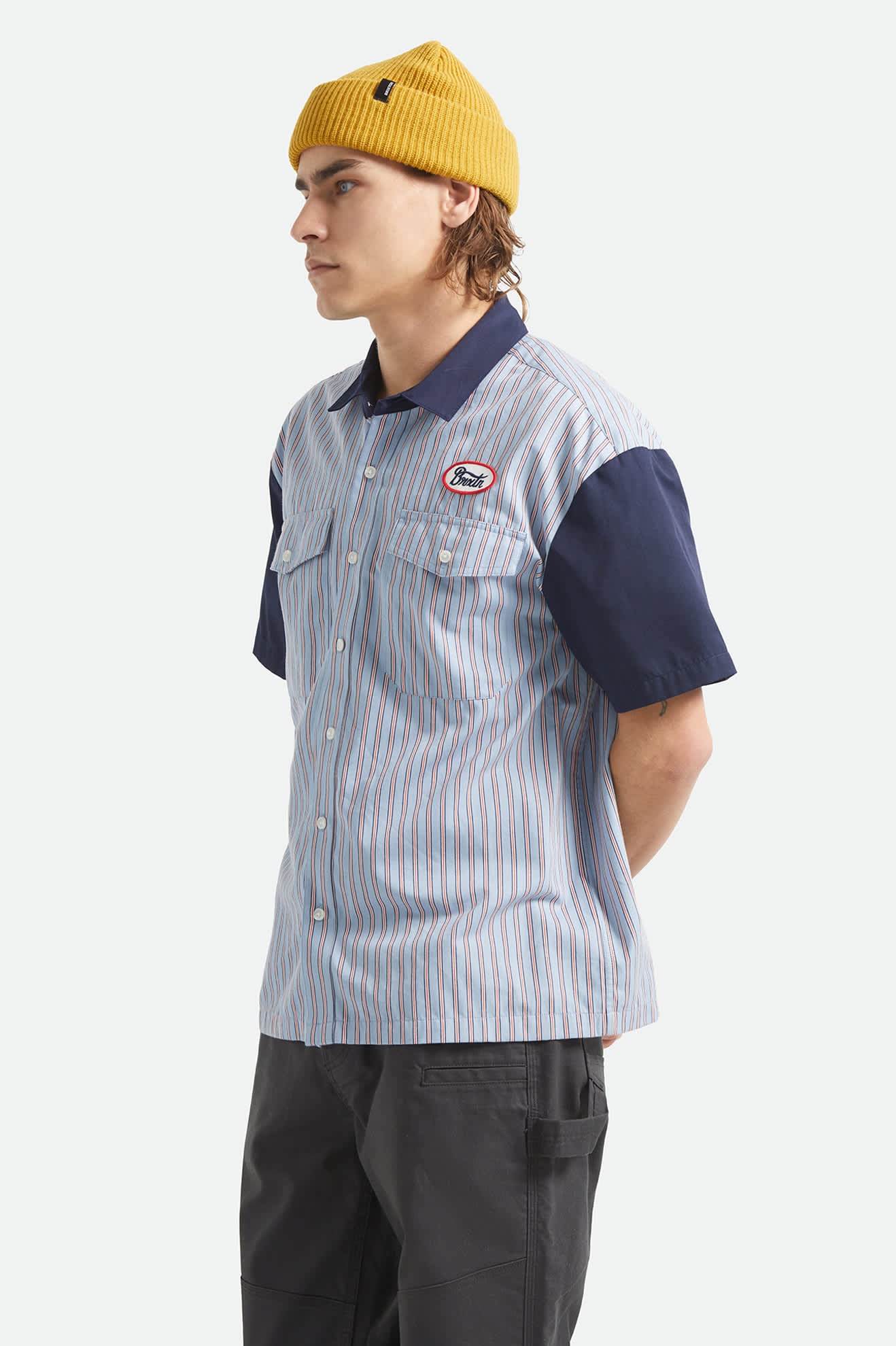 Men's Builders Olson Short Sleeve Shirt in the color Blue Aura Stripe - Men's Side View