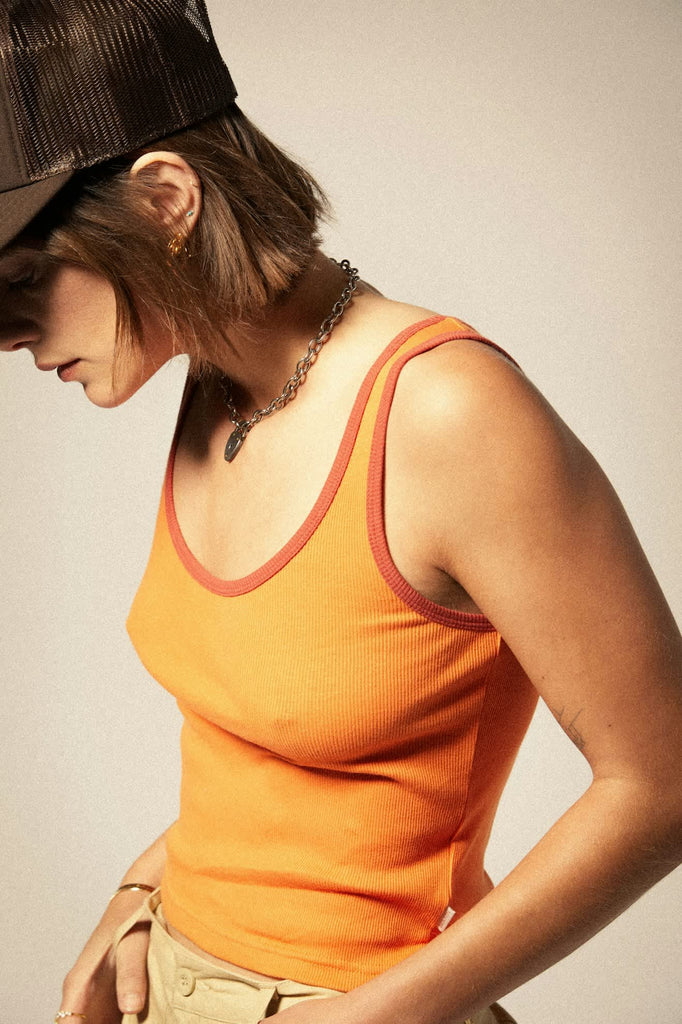 Women's Ringer Organic A-Tank in the color Tangerine/Burnt Brick - Women's Side View