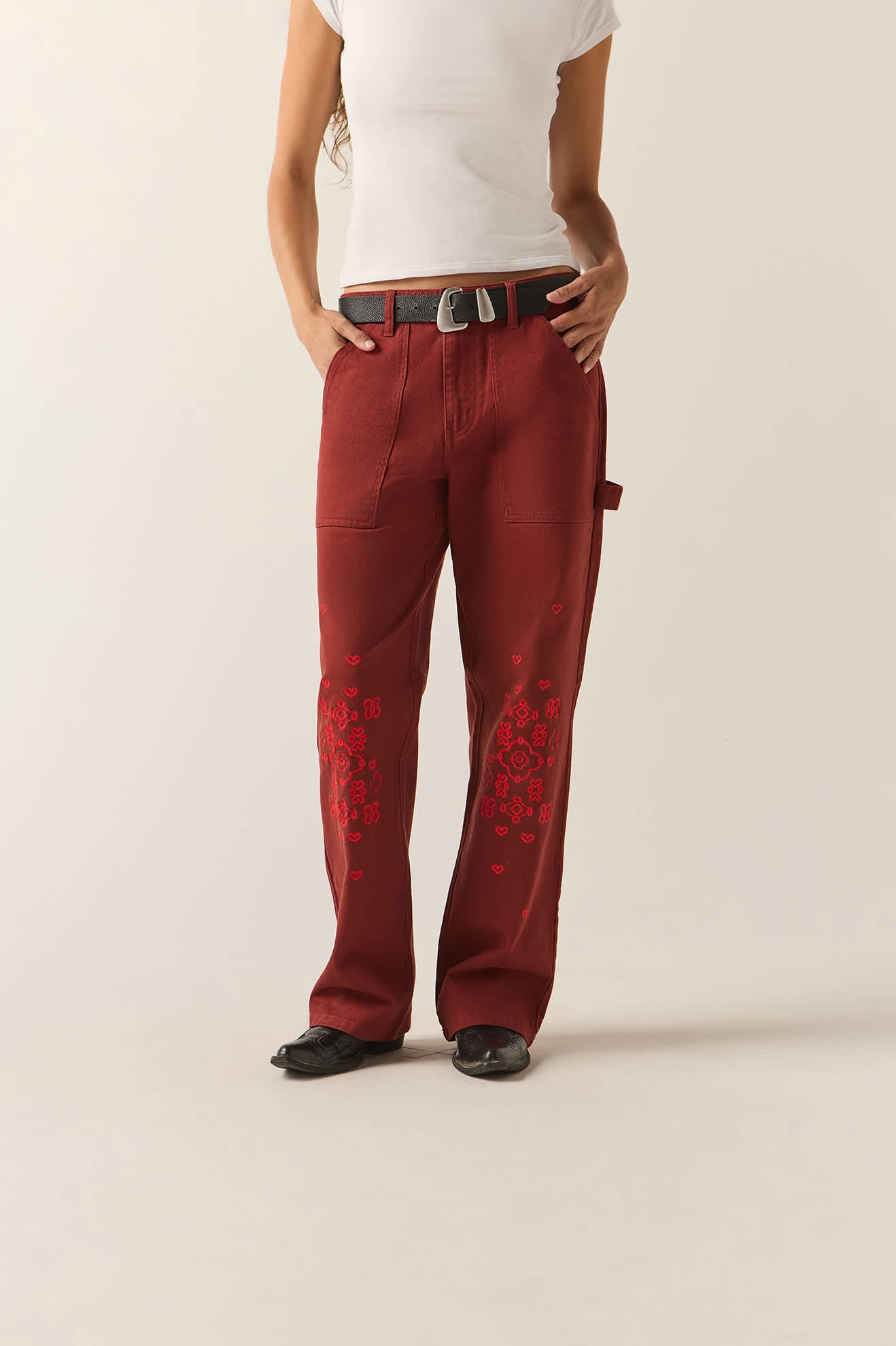 Women's Essex Embroidered Painter Pant in the color Dark Brick - Women's Front Fit Image