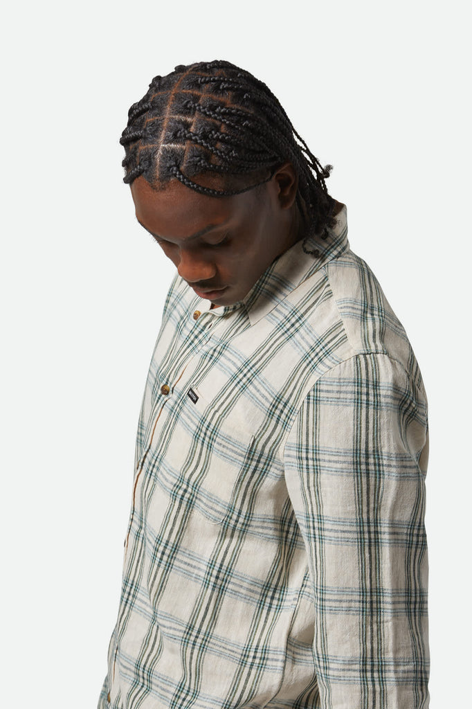 Men's Charter Linen Blend S/S Shirt in the color Off White/Ivy Green Plaid - Additional Fit View