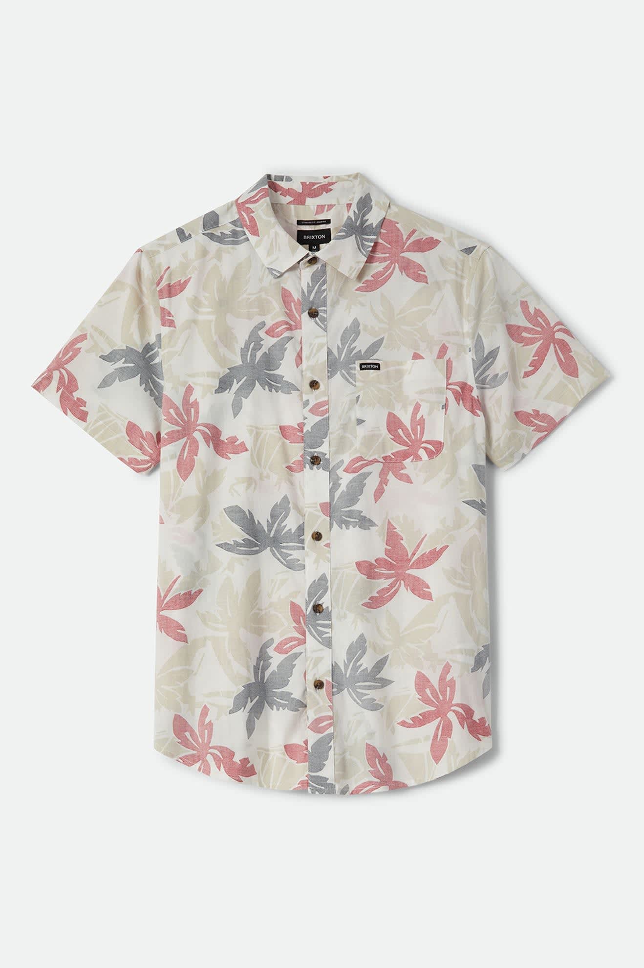 Men's Charter Print Short Sleeve Shirt in the color Off White/Black/Red Palm Floral - Front Product Laydown Image