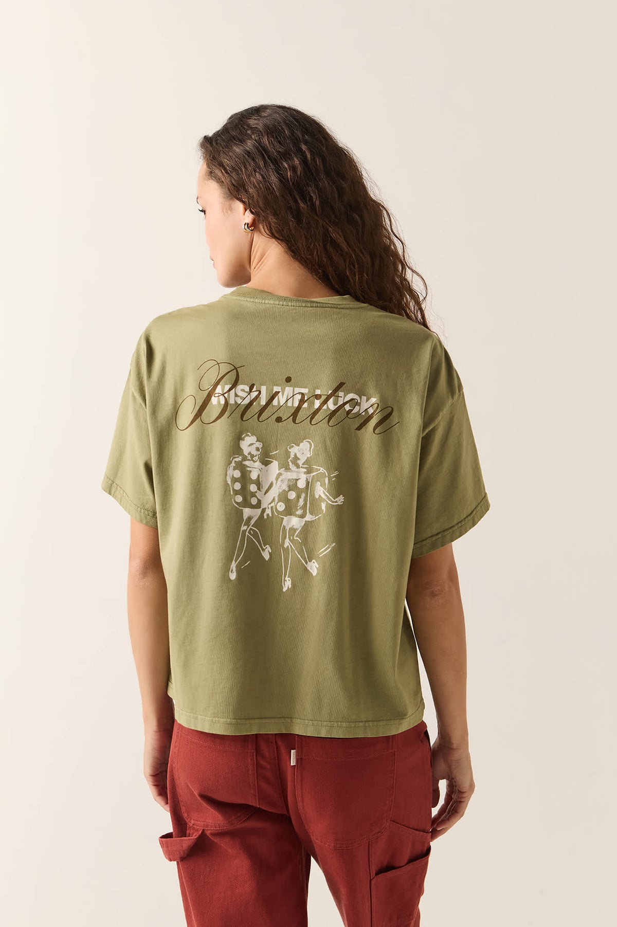 Women's Wish Me Luck Boxy Crop T-Shirt in the color Olive Surplus - Women's Back View