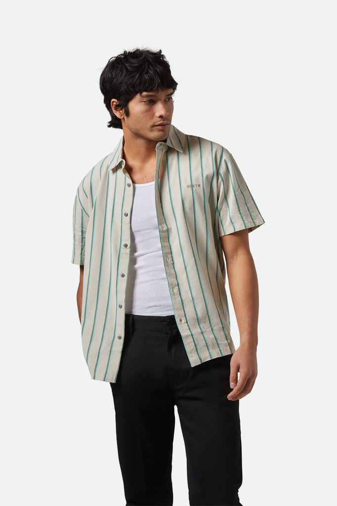 Men's CRU Stripe Relaxed S/S Shirt in the color Beige/Pine Needle/Aquatic Green - Men's Front View