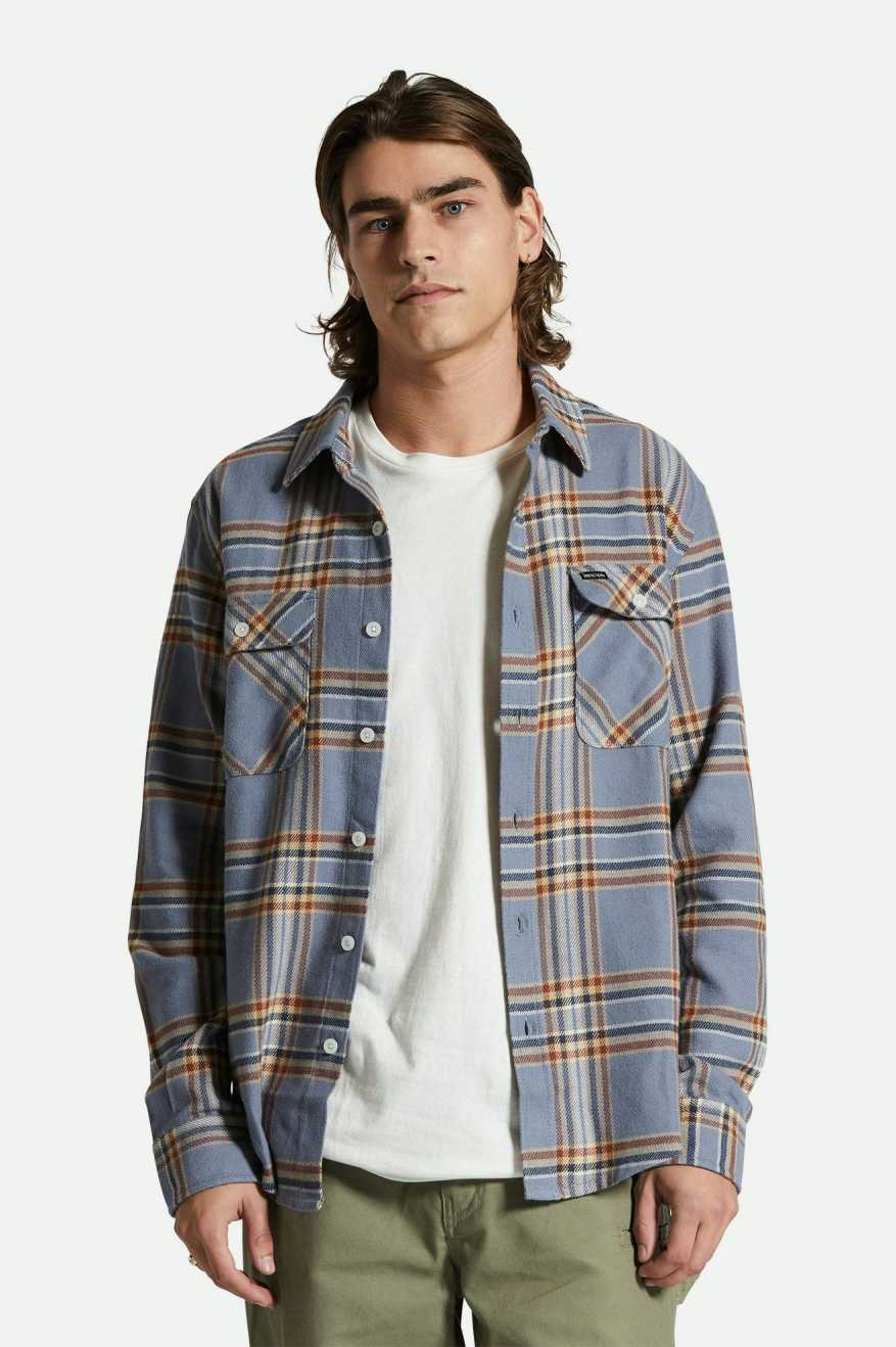 Men's Fit, Front View | Bowery L/S Flannel - Stonewash Blue/Sand
