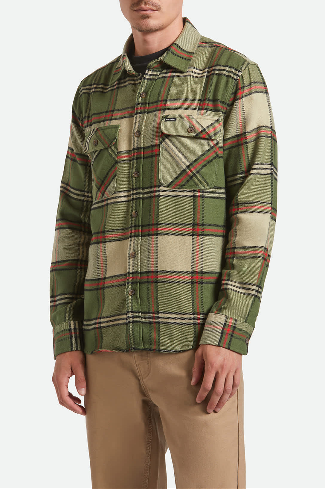 Men's Bowery L/S Flannel in the color Wild Green/Elm/Adrenaline Rush - Men's Front View