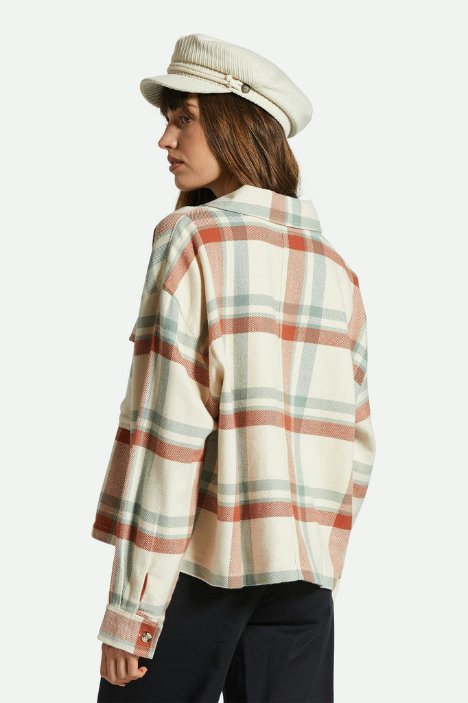 Women's Fit, Back View | Bowery Women's Flannel - White Smoke/Terracotta