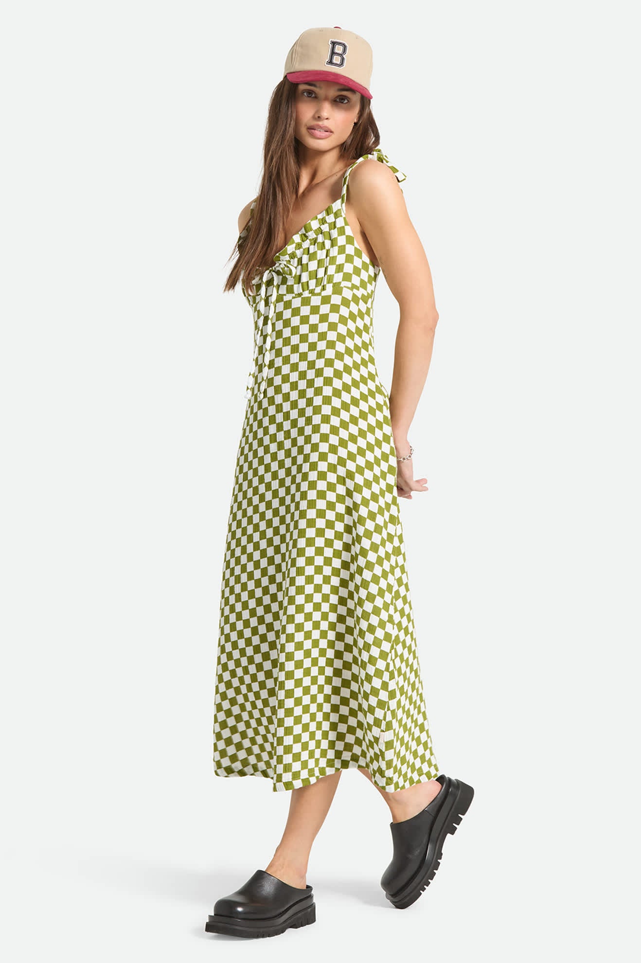Women's The Tie Dress in the color Sublime Green Checkerboard - Women's Side View