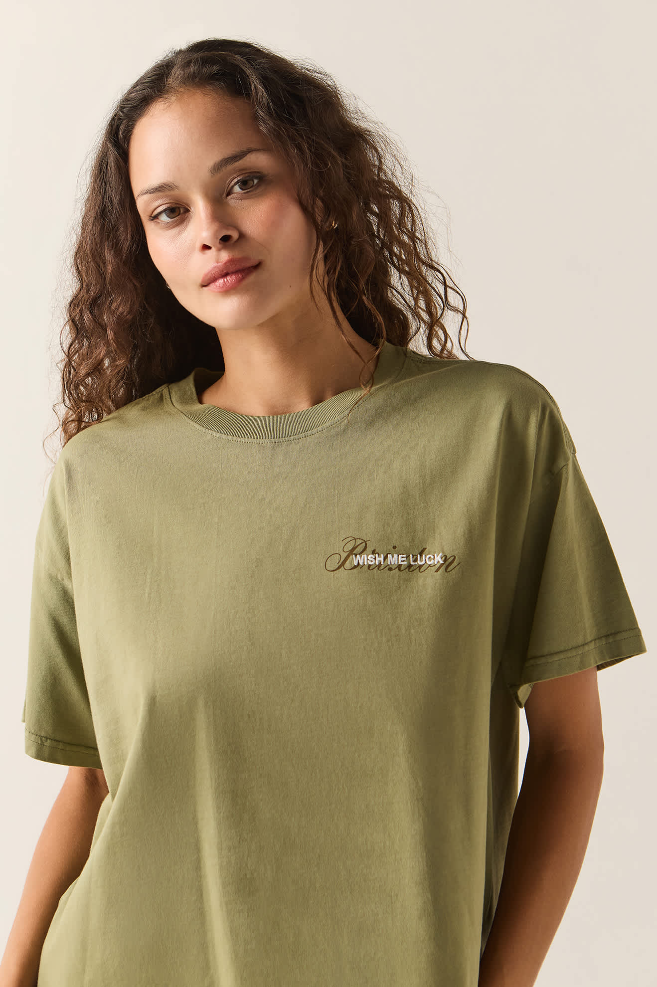 Women's Wish Me Luck Boxy Crop T-Shirt in the color Olive Surplus - Additional Fit image