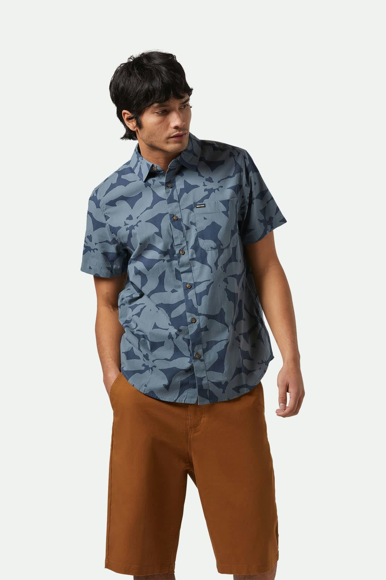 Men's Charter Print S/S Shirt in the color Washed Navy/Azure Blue Floral - Men's Front View