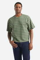 Men's Parsons Stripped Pique Boxy T-Shirt in the color Dark Olive/Whitecap - Men's Front View