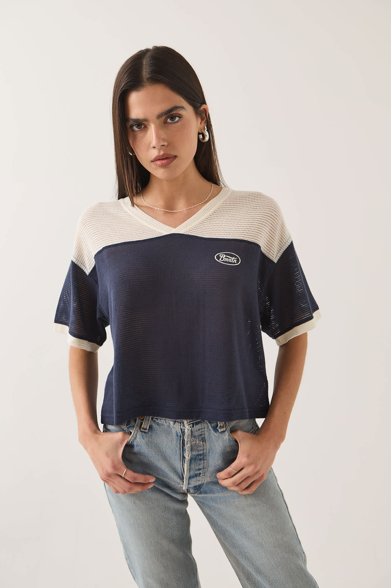 Women's Varsity Mesh T-Shirt in the color Off White/Washed Navy - Additional Fit image