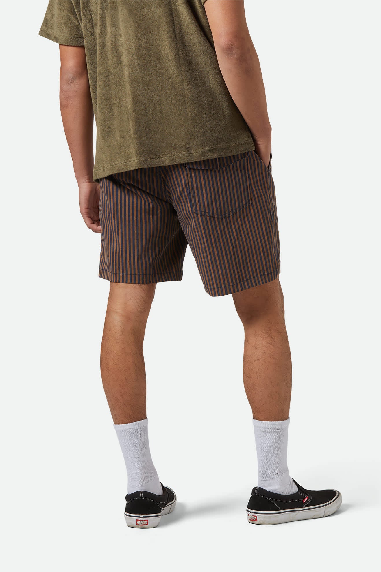 Men's Everyday Stretch Hybrid Short 7" in the color Washed Navy/Sunbaked Herringbone - Men's Back View