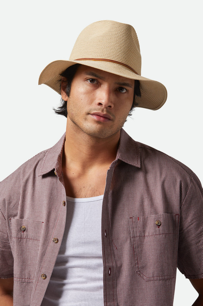 Unisex Wesley Straw Packable Fedora in the color Tan - Additional Fit View